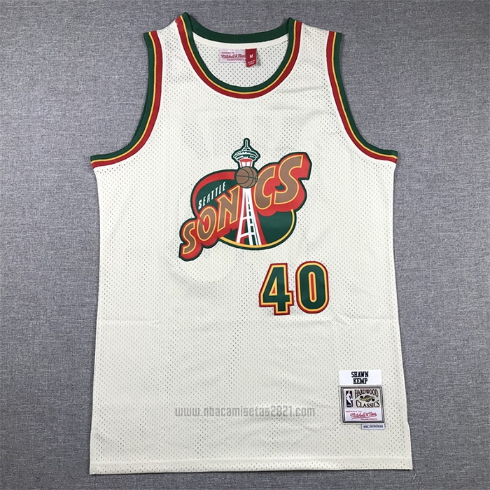 Camiseta Seattle SuperSonics Shawn Kemp #40 Mitchell & Ness Chainstitch Crema